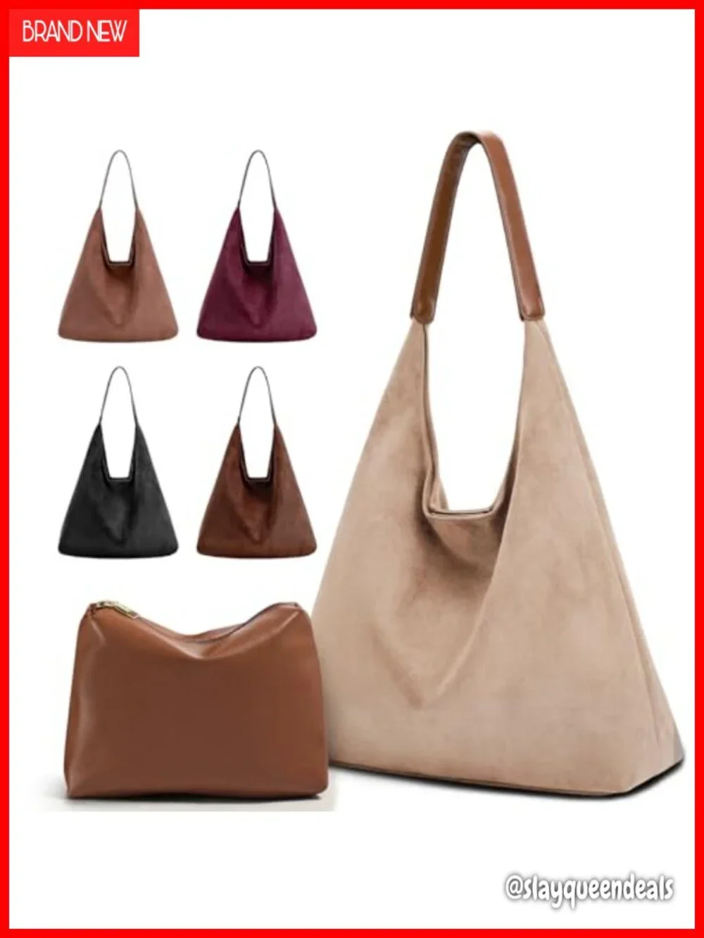 2-Piece Vegan Leather Purse Set: Slouchy Hobo & Suede Tote, Faux Suede Handbags